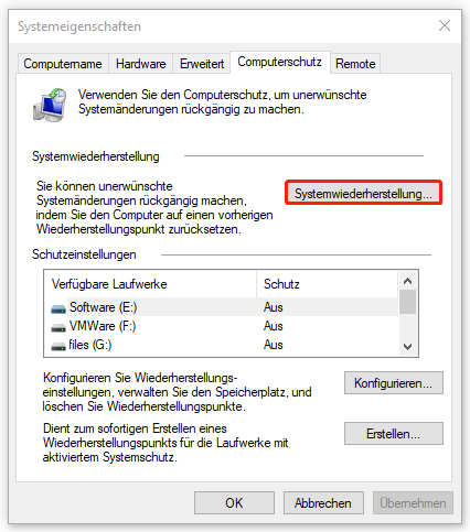 Markierung der Schaltfläche Systemwiederherstellung im Fenster Systemeigenschaften.