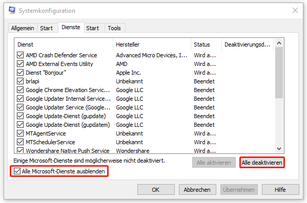Markierung der Option Alle Microsoft-Dienste ausblenden im Fenster Systemkonfiguration.