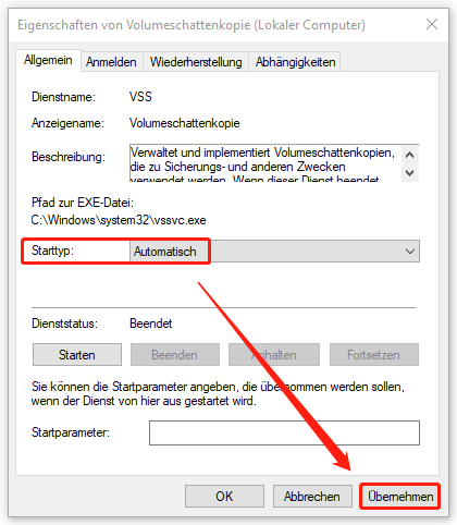 Markierung des Starttyps Automatisch für den Volumeschattenkopie-Dienst.