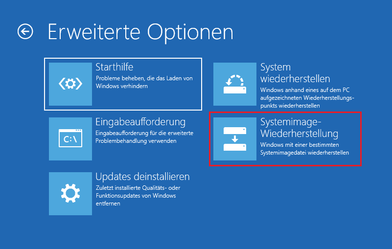 Auswahl der Option Systemimage-Wiederherstellung auf dem Bildschirm Erweiterte Optionen.