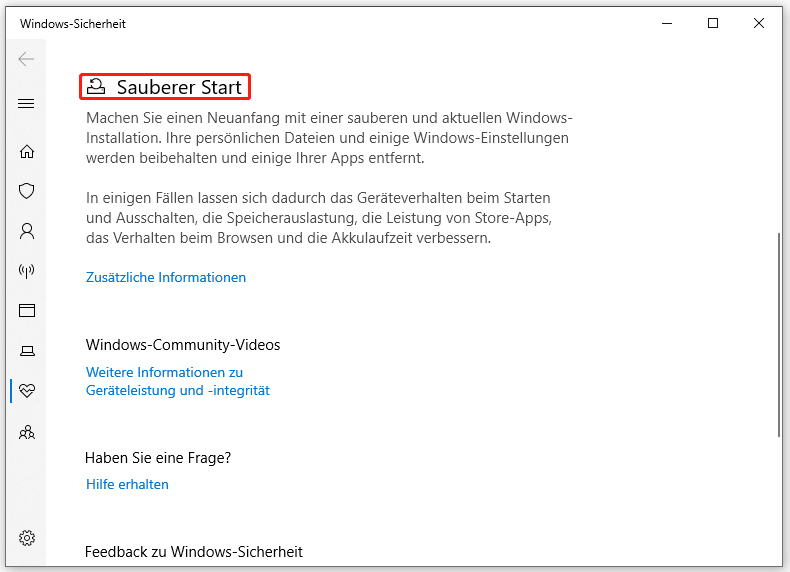 Markierung der Funktion Sauberer Start in der Windows-Sicherheit.