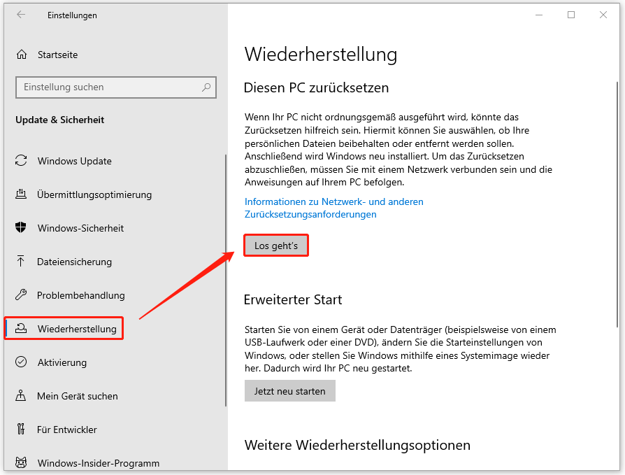 Ein Screenshot zum Zurücksetzen von Windows über die Einstellungen.
