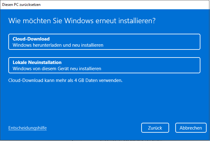 Ein Screenshot zu beiden Optionen Cloud-Download und Lokale Neuinstallation.