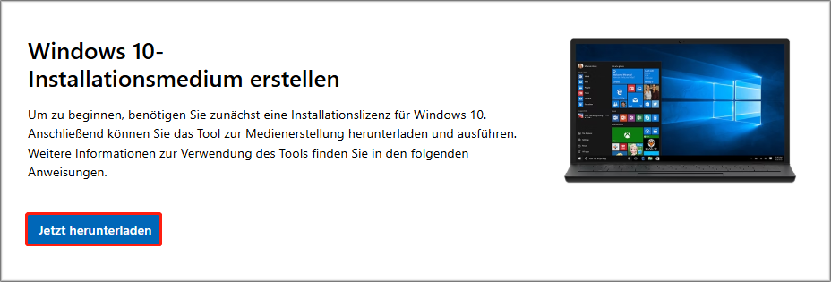 Markierung der Schaltfläche Jetzt herunterladen unter Windows 10-Installationsmedium erstellen.