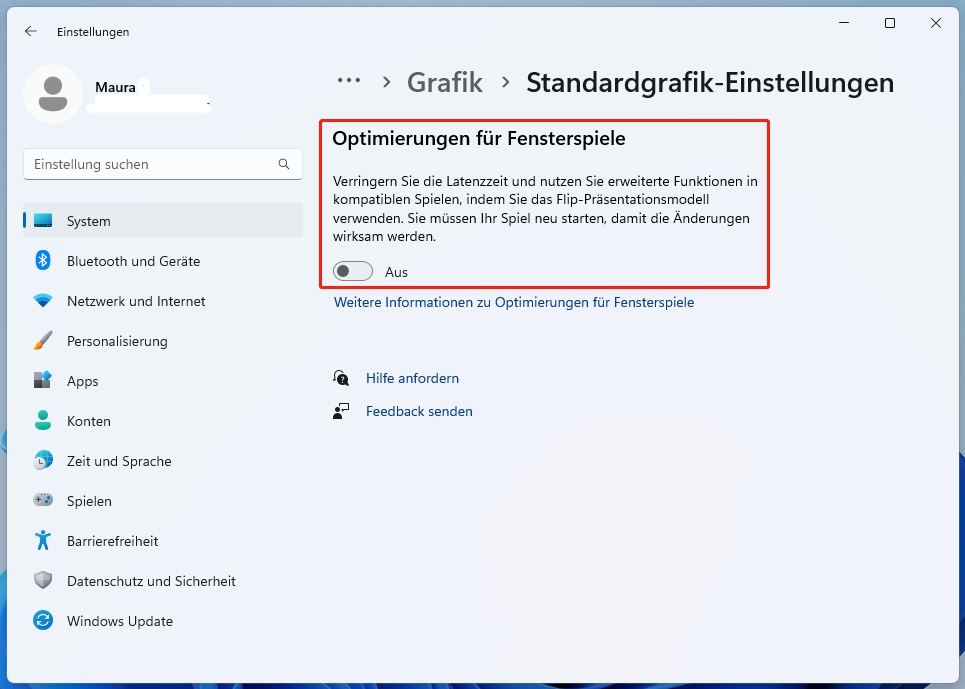 Ein Screenshot zur Deaktivierung der Funktion Optimierungen für Fensterspiele über die Einstellungen.