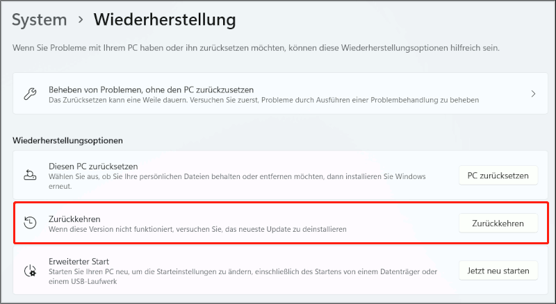Markierung der Option Zurückkehren in den Windows 11-Einstellungen.