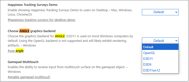 Ein Screenshot zur Auswahl einer Option aus dem Dropdown-Menü neben Choose ANGLE graphics backend in Chrome.
