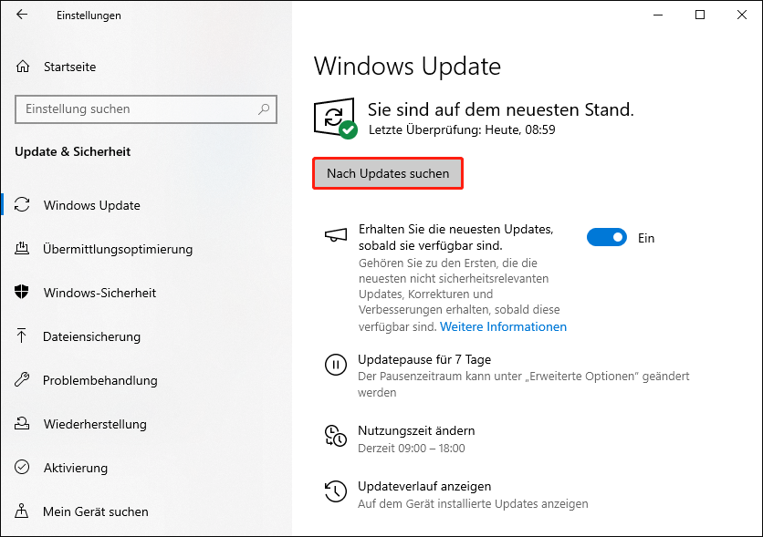 Markierung der Schaltfläche Nach Updates suchen in den Windows-Einstellungen.