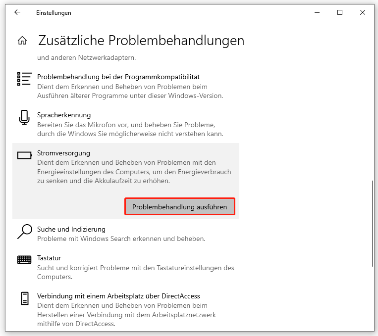 Ein Screenshot zum Ausführen der Stromversorgung-Problembehandlung in den Einstellungen.