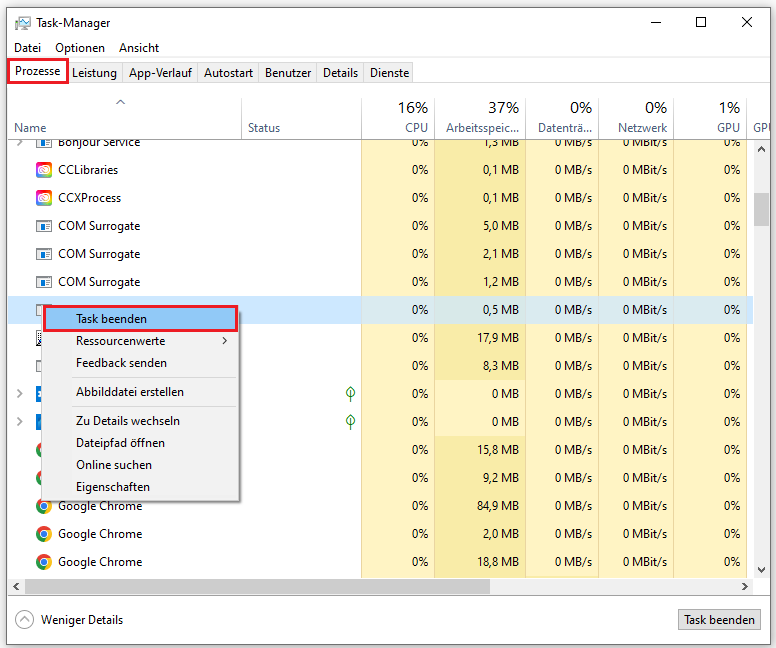 Markierung der Option Task beenden für Cortana im Task-Manager.