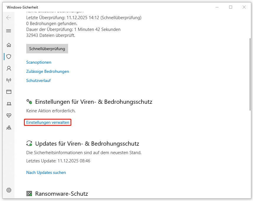 Markierung der Option Einstellungen verwalten im Fenster Viren- und Bedrohungsschutz.