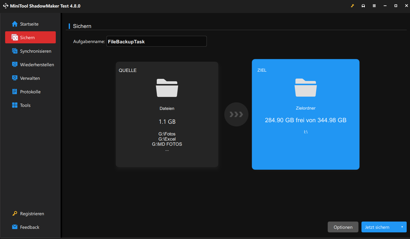 Hervorhebung des ausgewählten Zielorts für das Backup in MiniTool ShadowMaker.