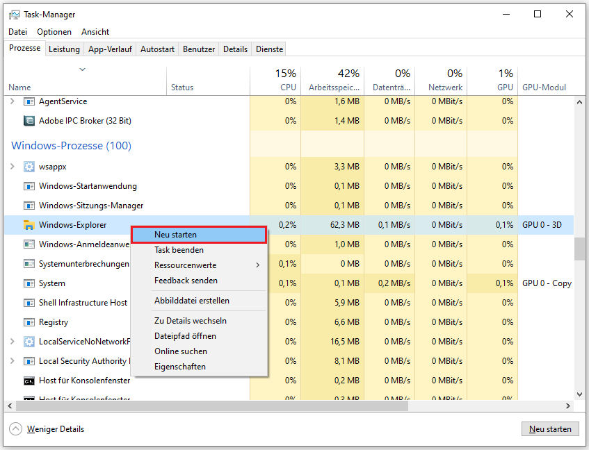 Markierung der Option Neu starten für den Prozess Windows-Explorer im Task-Manager.