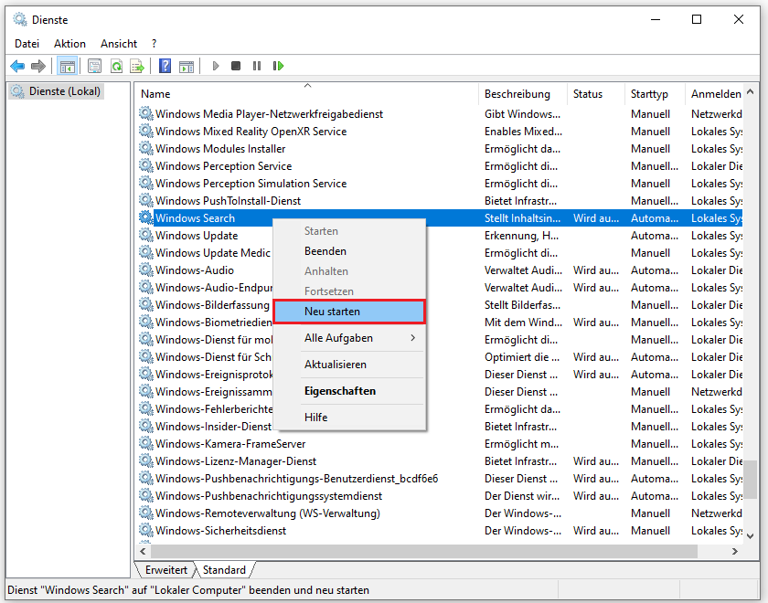 Ein Screenshot der Auswahl der Option Neu starten für den Dienst Windows Search im Dienste-Fenster.