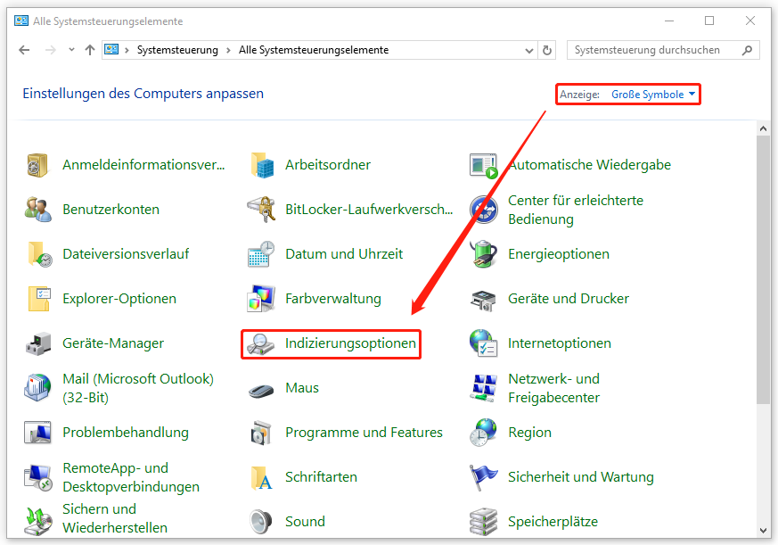 Markierung der Anzeige: Große Symbole und der Auswahl der Indizierungsoptionen in der Systemsteuerung.