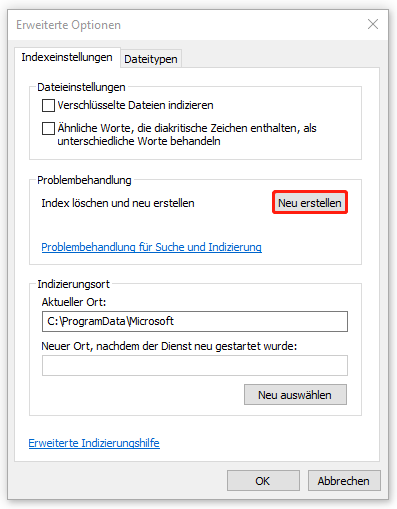 Markierung der Schaltfläche Neu erstellen unter Indexeinstellungen.