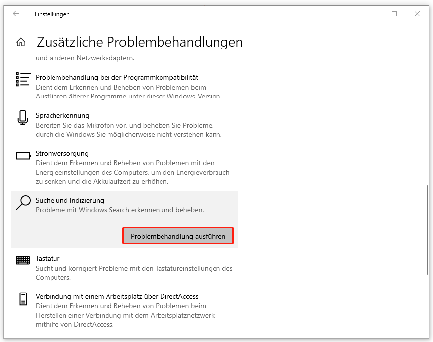 Markierung der Schaltfläche Problembehandlung ausführen neben der Option Suche und Indizierung.