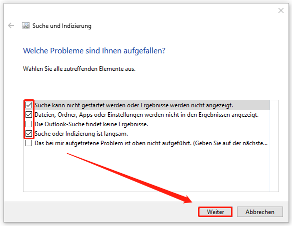Markierungen der auftretenden Probleme mit der Suche und Indizierung.