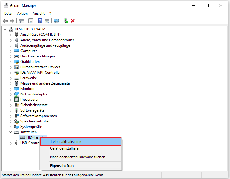 Ein Screenshot zur Aktualisierung des Tastaturtreibers im Geräte-Manager.