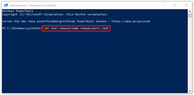 Ein Screenshot zum Ausführen des Befehls net user newusername newpassword /add in Windows PowerShell.