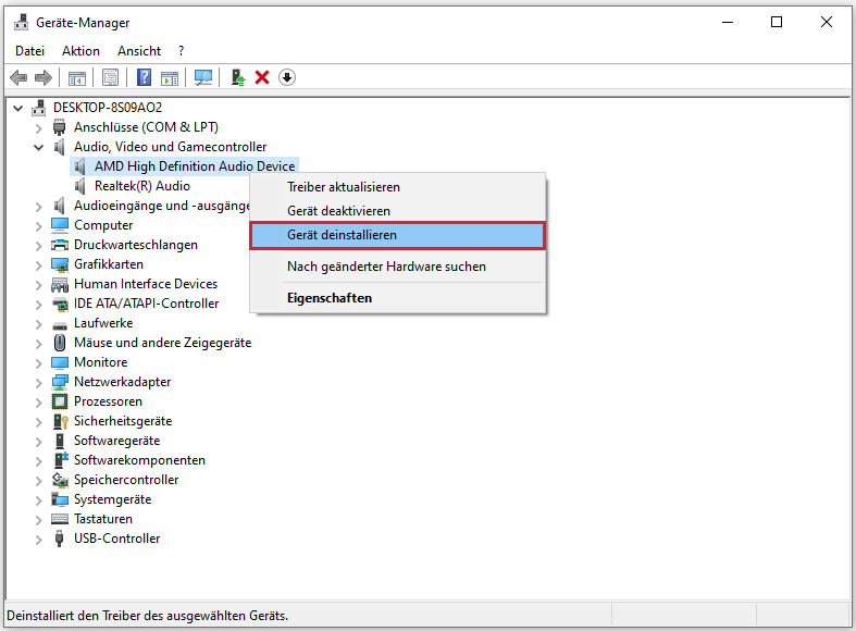 Markierung der Option Gerät deinstallieren für das Audiogerät im Geräte-Manager.