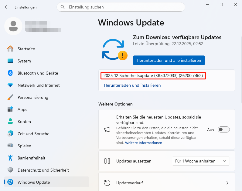 Installation von Updates unter Windows 11.