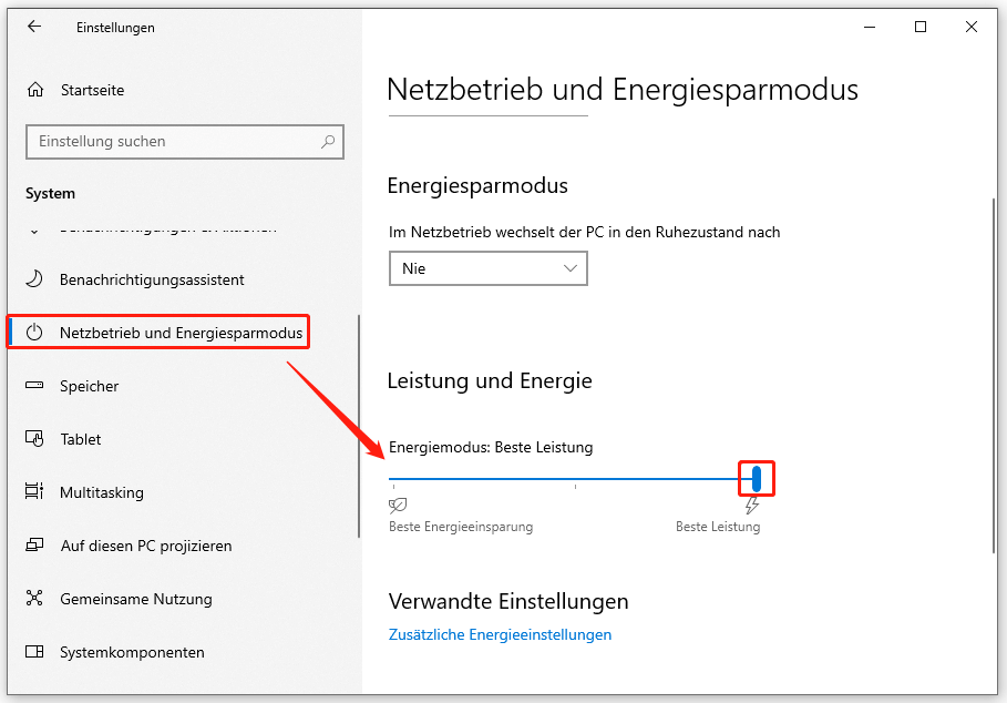 Ein Screenshot zum Ändern des Energiemodus auf Beste Leistung in den Windows-Einstellungen.