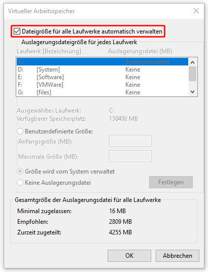 Markierung der Option „Dateigröße für alle Laufwerke automatisch verwalten im Fenster Virtueller Arbeitsspeicher.