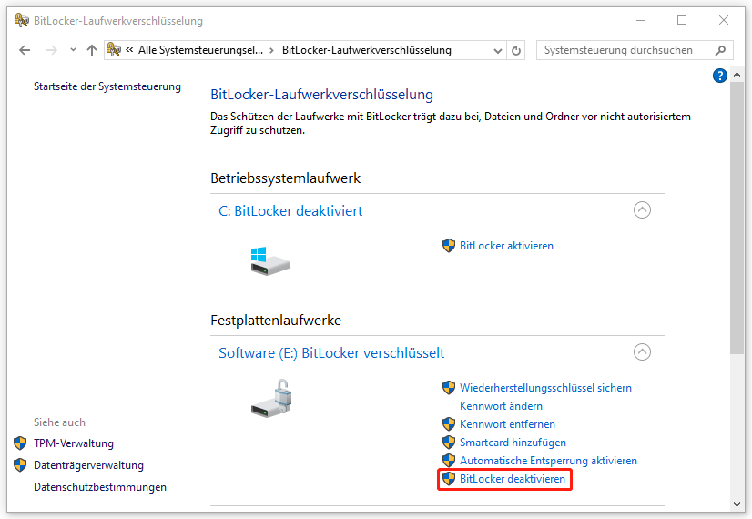 Markierung von BitLocker deaktivieren in der Systemsteuerung.