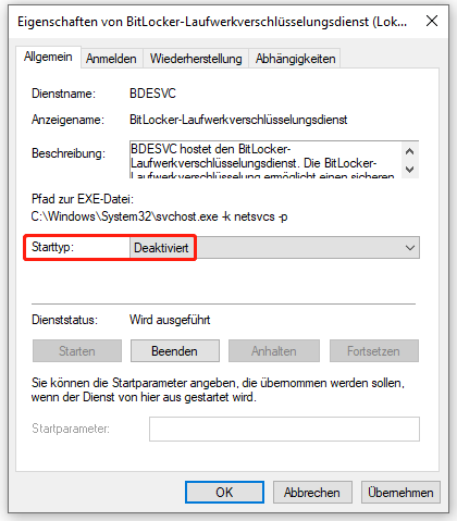 Ein Screenshot zum Ändern des Starttyps vom BitLocker-Dienst auf Deaktiviert.