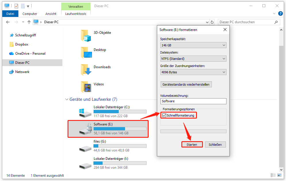 Markierung der Option Schnellformatierung für das durch BitLocker verschlüsselte Laufwerk.