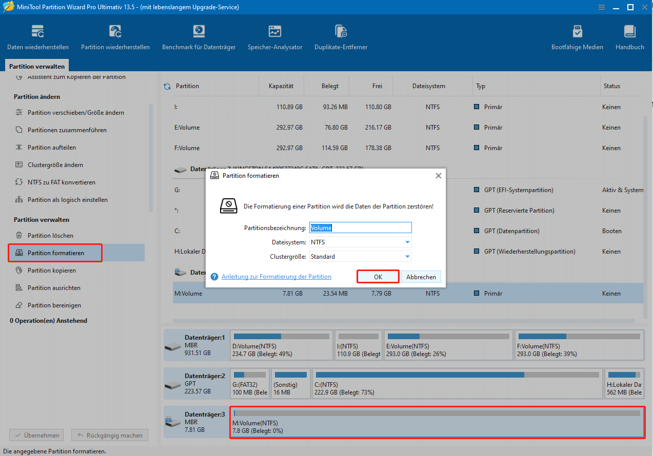 Formatierung der Partition in MiniTool Partition Wizard.