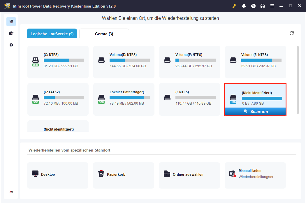 Auswahl des nicht identifizierten Laufwerks zum Scannen in MiniTool Power Data Recovery.
