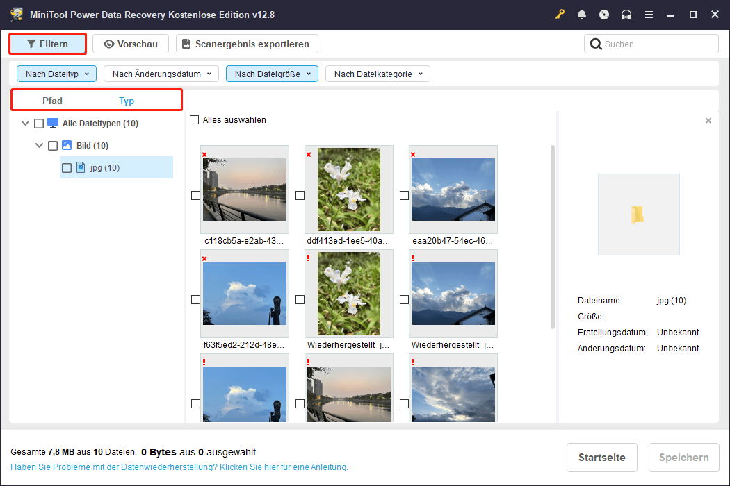 Filtern von Dateien in MiniTool Power Data Recovery.