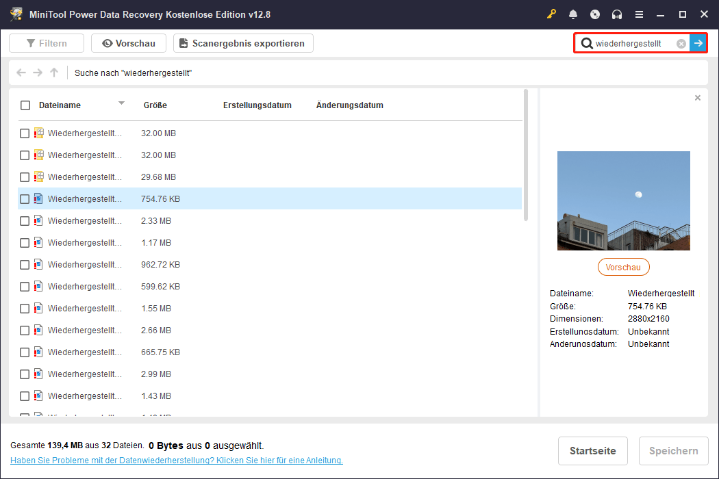 Suche nach einer bestimmten Datei in MiniTool Power Data Recovery.