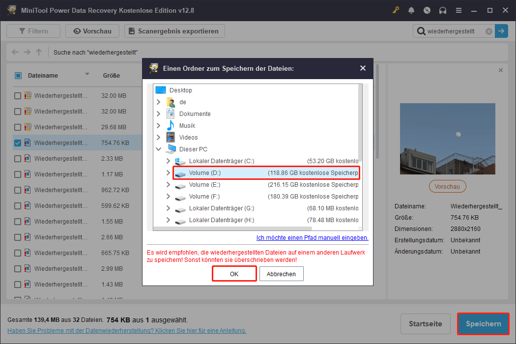 Speicherung der markierten Dateien in MiniTool Power Data Recovery.
