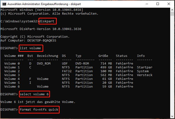 Formatierung des RAW-Laufwerks zu NTFS in der Eingabeaufforderung.