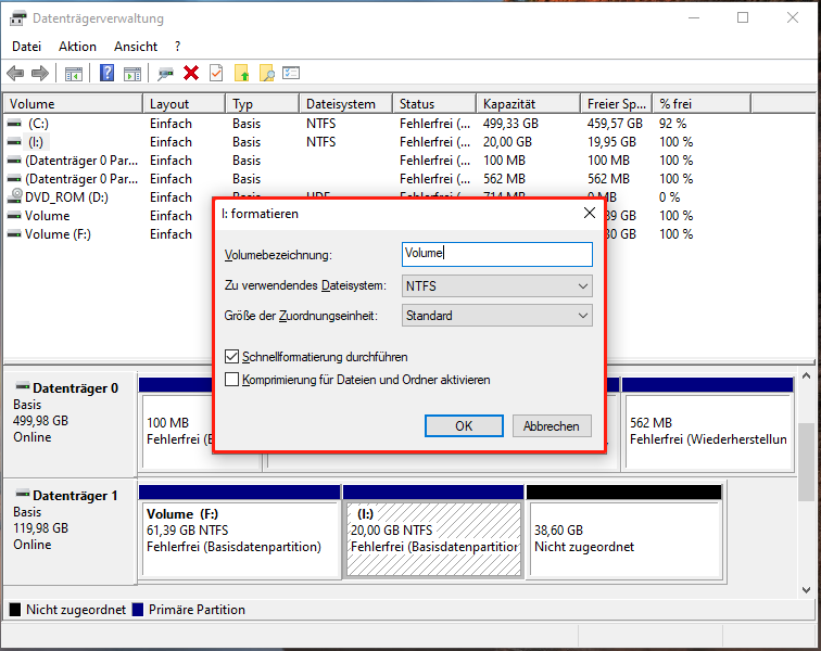 Formatierung des RAW-Laufwerks zu NTFS in der Datenträgerverwaltung.