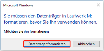 Formatierung des Laufwerks über das Popup-Fenster.