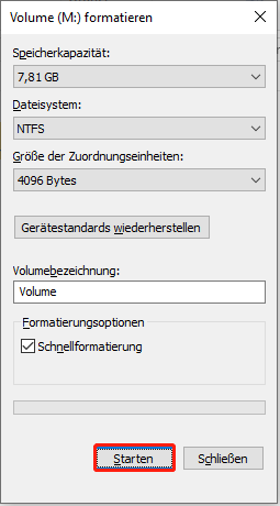 Formatierung des Laufwerks zu NTFS im Datei-Explorer.