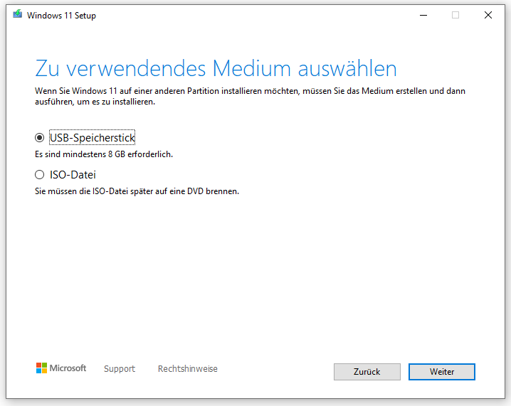 Wählen Sie USB-Speicherstick aus und klicken Sie auf Weiter.
