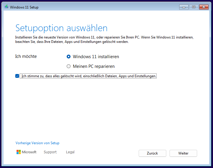 Wählen Sie Windows 11 installieren und klicken Sie auf Weiter.