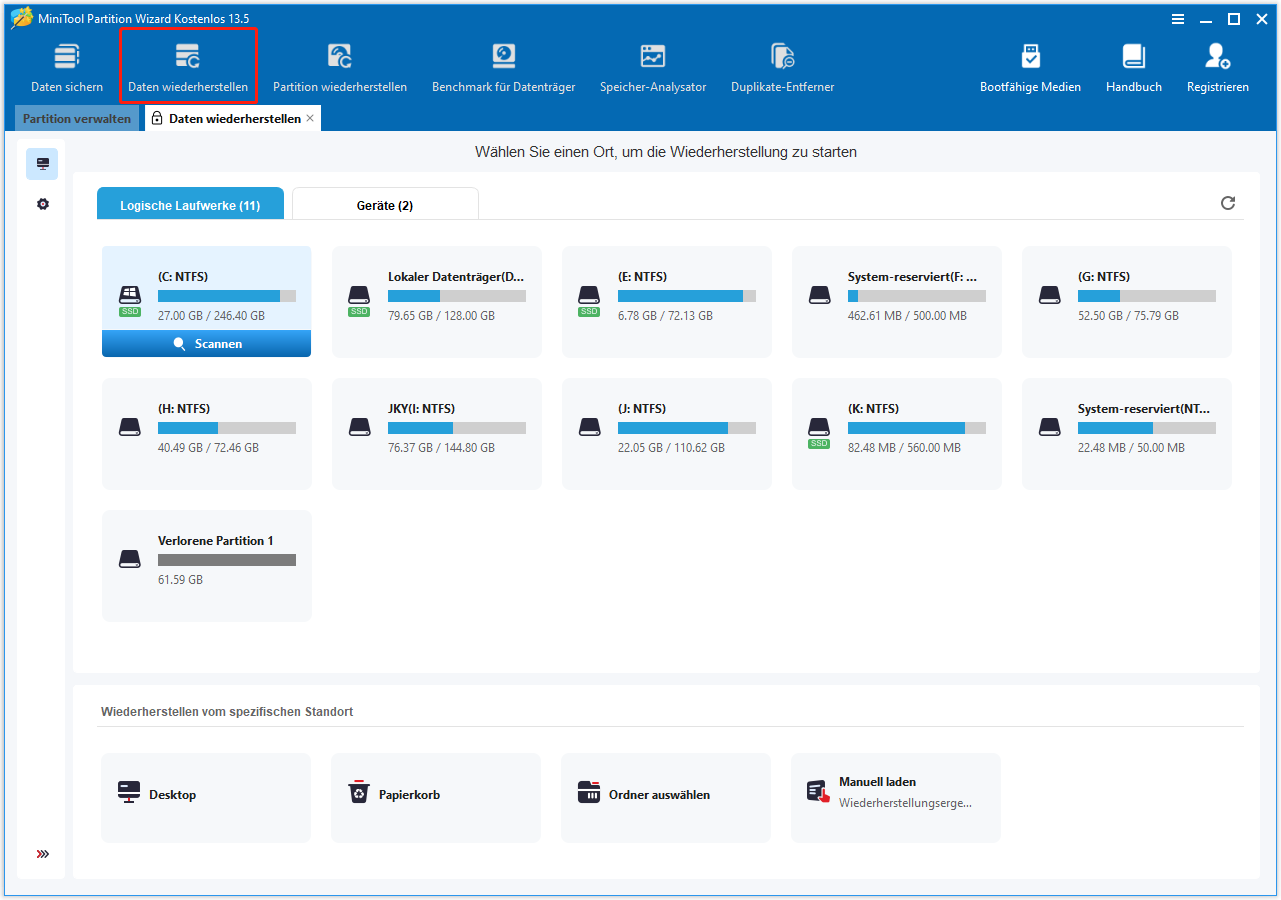 Wählen Sie die Partition aus, die Sie wiederherstellen möchten, und klicken Sie auf Scannen.