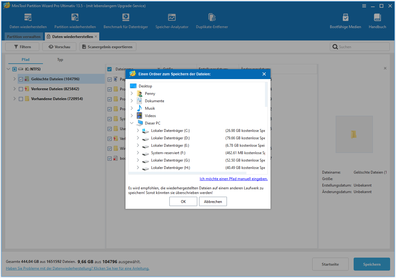 Speichern der wiederhergestellten Dateien in MiniTool Partition Wizard.