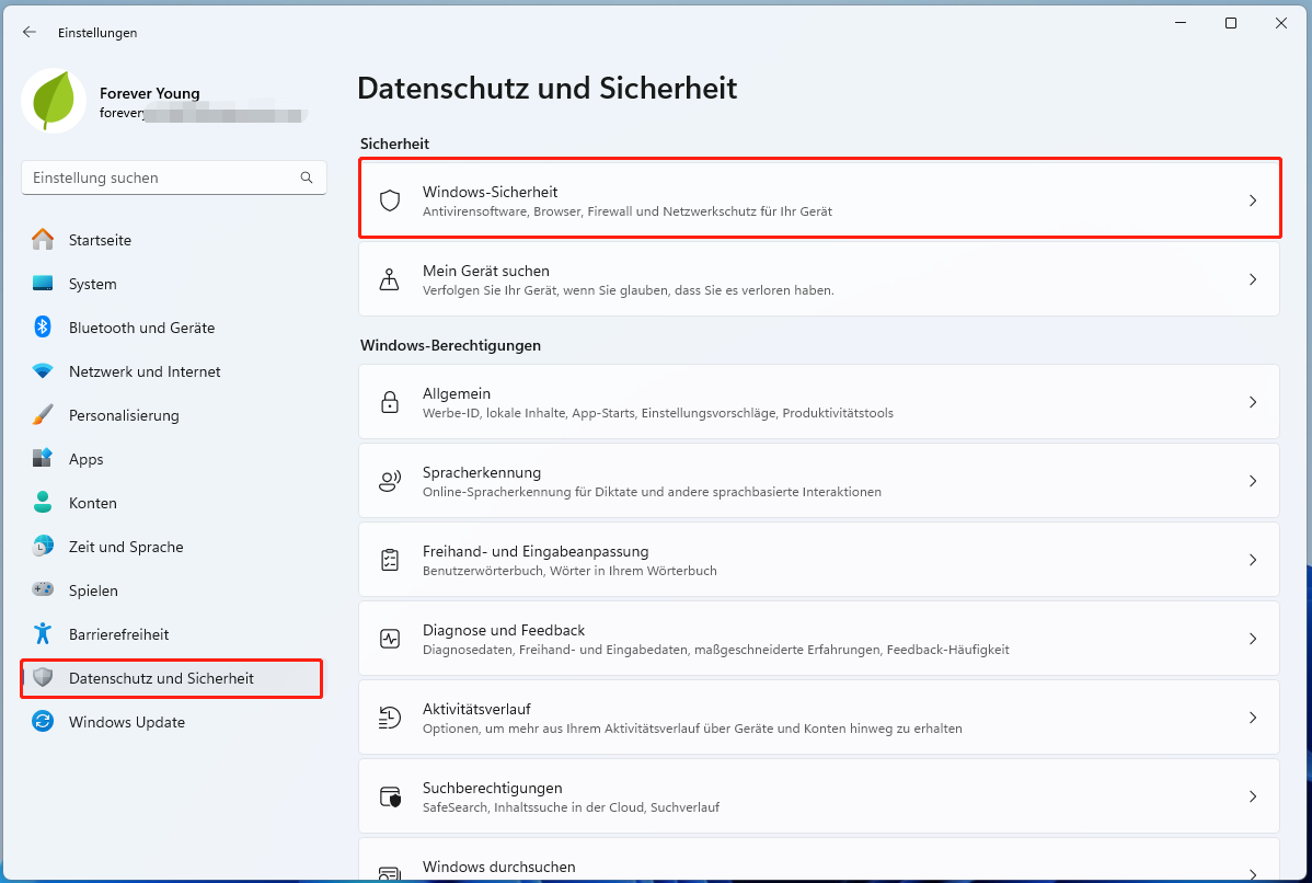 Klicken Sie in den Windows 11-Einstellungen auf Windows-Sicherheit.