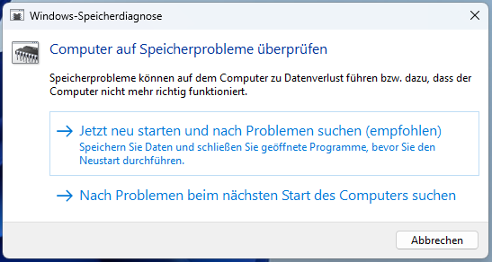 Wählen Sie die Option Jetzt neu starten und nach Problemen suchen.