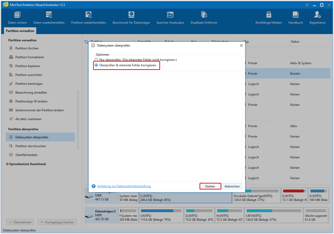 Führen Sie die Funktion Dateisystem überprüfen in MiniTool Partition Wizard aus.