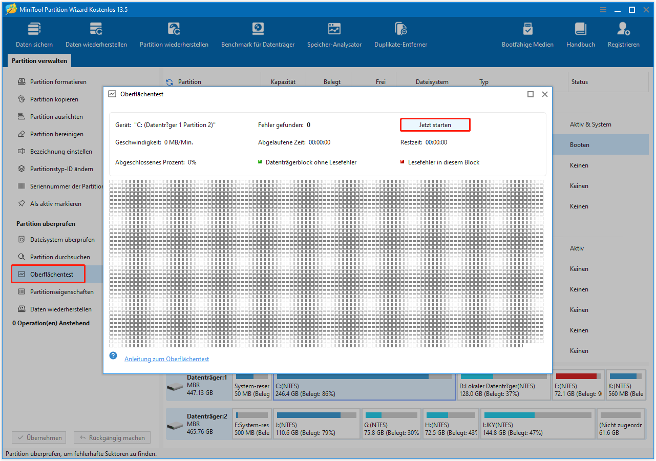 Führen Sie die Funktion Oberflächentest in MiniTool Partition Wizard aus.
