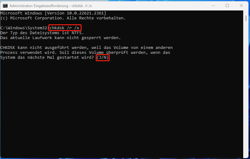 Führen Sie den Befehl CHKDSK aus.