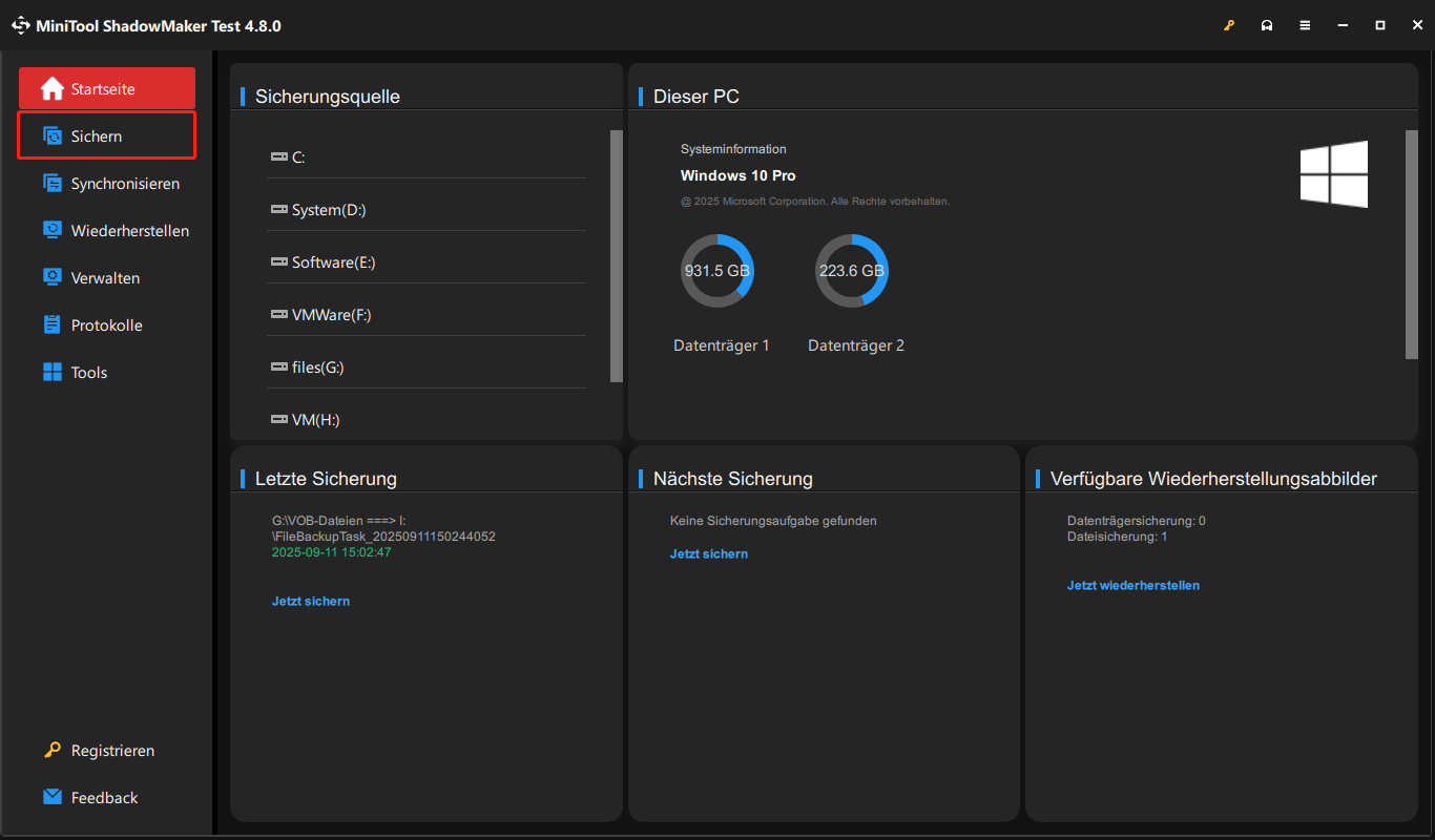 Markierung von Sichern im linken Bereich in MiniTool ShadowMaker.